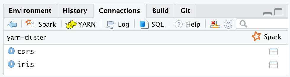 RStudio Connections Pane YARN action