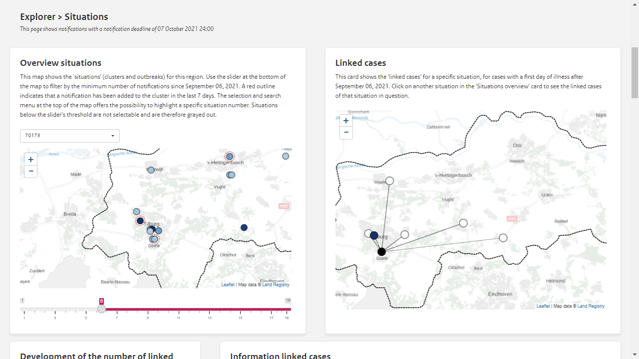 Explorer showing two maps with different types of COVID-19 situations, such as linked cases