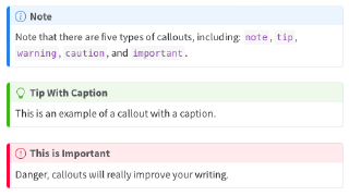 Three calout boxes: A note (has a blue banner with info icon preceding the header), a tip (has a green banner with lightbulb icon preceding the header), and an important (has a red banner with info exclamation-point icon preceding the header).