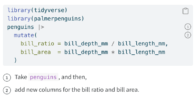 Screenshot a code chunk with annotations. Annotations appear in the code chunk as numbers within circles, and repeat below the code chunk along with the text content of the annotations.