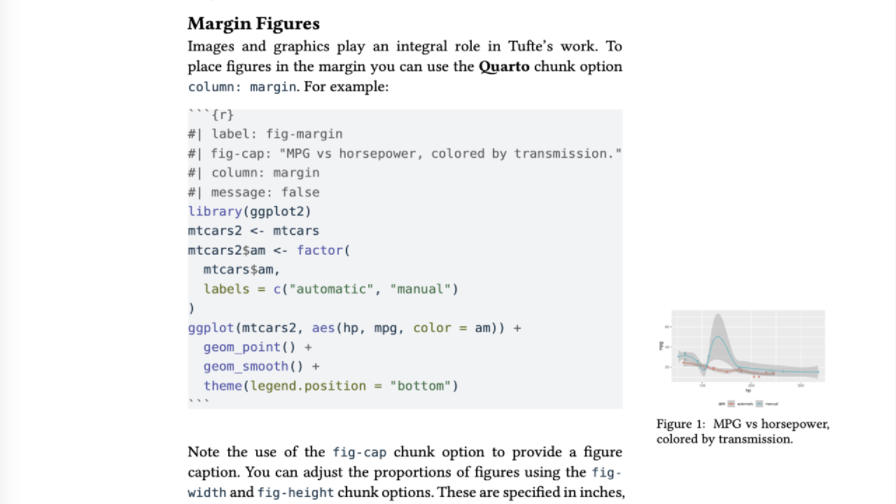A Typst article page showing code and a margin figure rendered with the Marginalia package